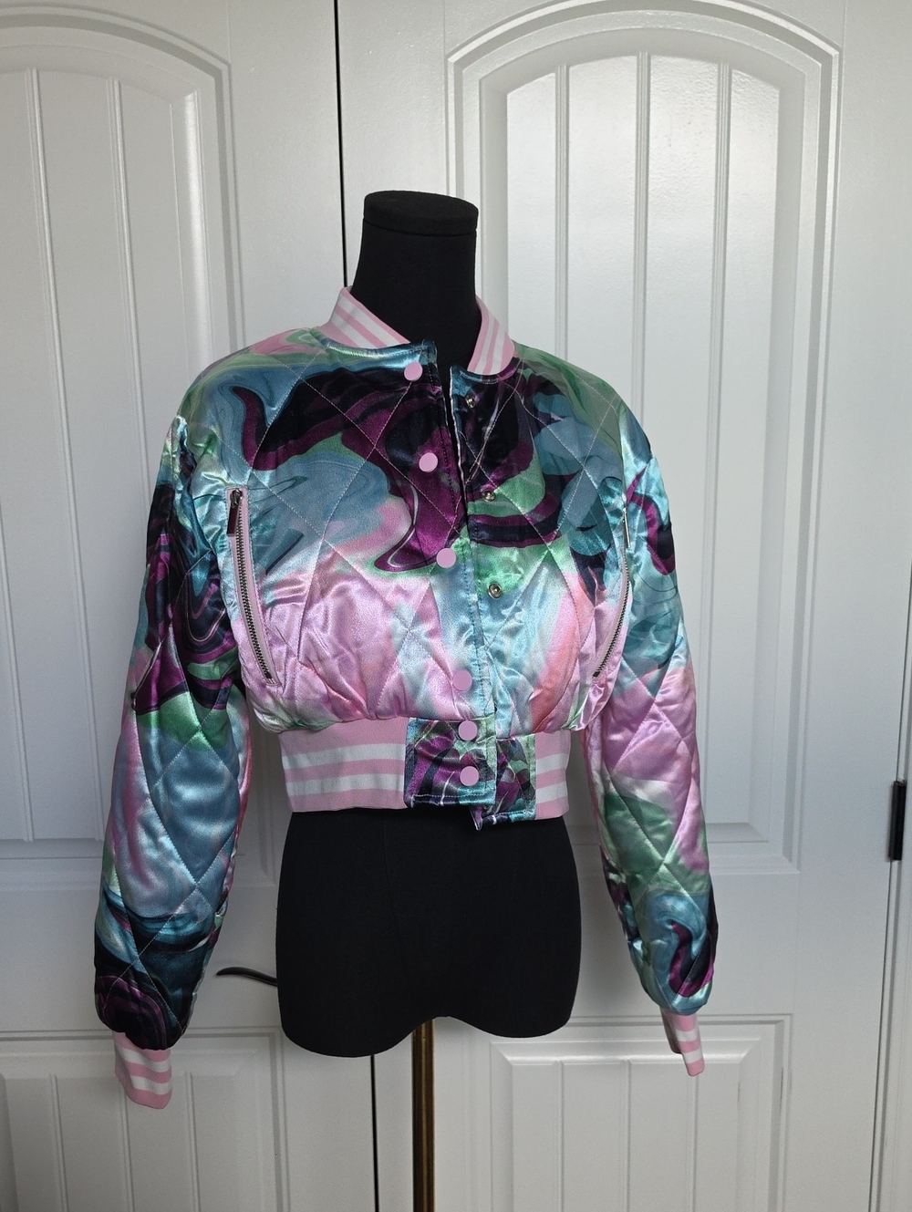 Akira Cropped Satin Abstract Print Bomber Jacket - Pink Multi